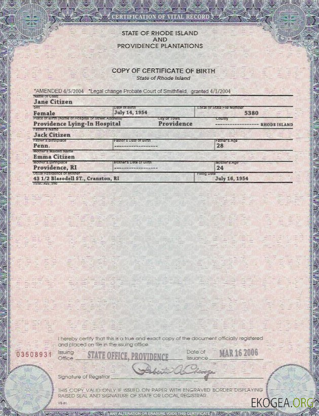 Modèle de certificat de naissance de l'État du Rhode Island aux États Unis au format PSD